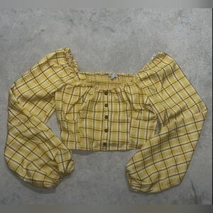 Love Tree Yellow Plaid Off-Shoulder Crop Top